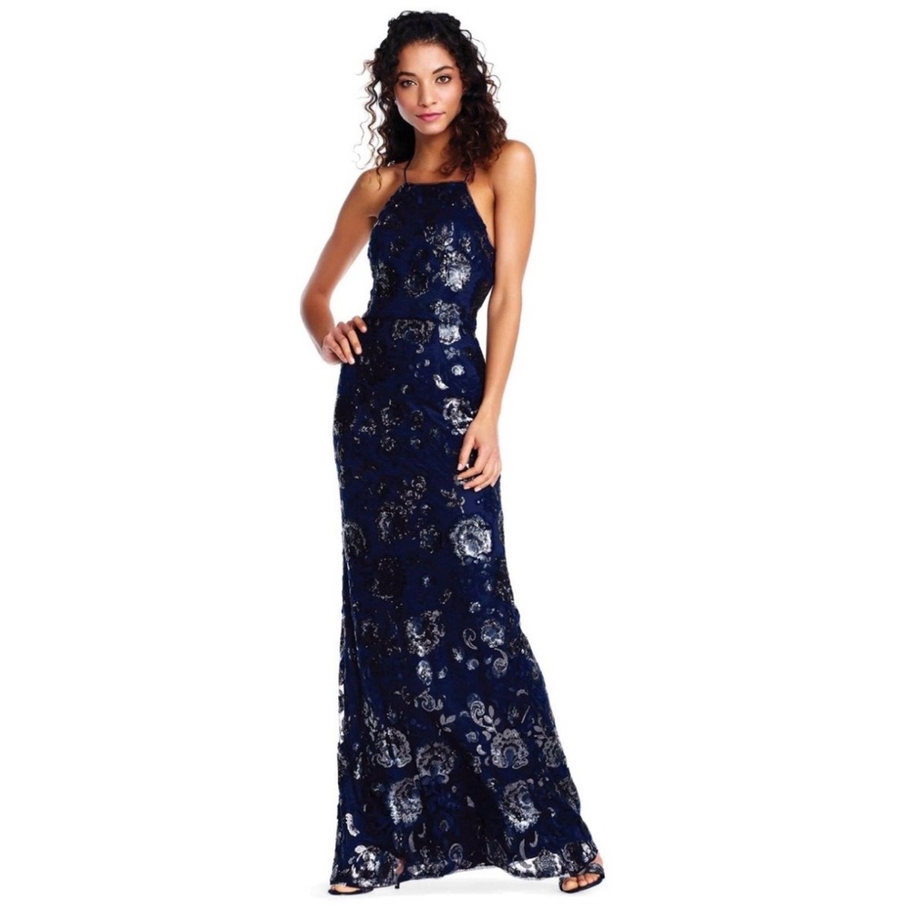 Adrianna Papell Navy Sequin Halter Maxi Gown size 18